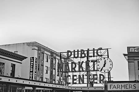 Seattle, Starbucks, Pikes peak, mercat públic, lloc, Amèrica, rellotge