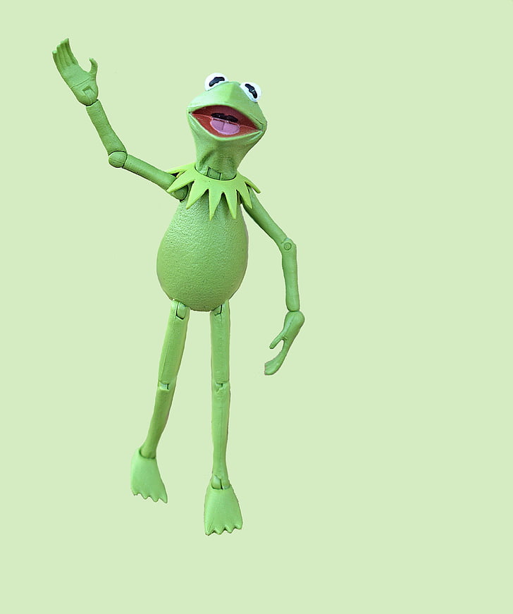 kermit, frog, muppet, action figure, green, waving, hello