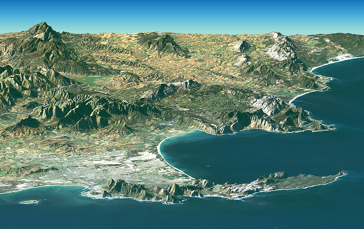 Južna Afrika, Cape town, SRTM, Ptičja perspektiva, pogled iz zraka, RT dobrega upanja, gore
