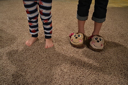 pés, dedos do pé, chinelos, crianças, crianças, pijama, PJs