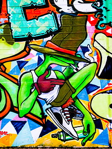 Graffiti, lue, frosk, dekorasjon, malt, vegg, kunst