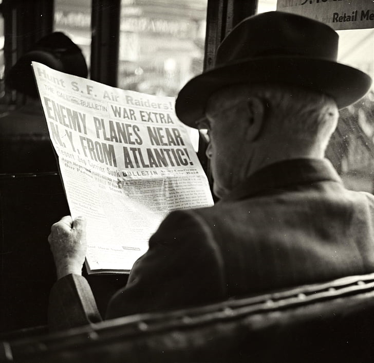 man, newspaper, hat, bus, reading, vintage, photo
