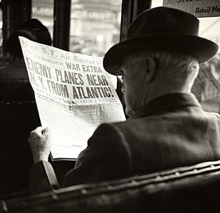 adam, gazete, şapka, otobüs, okuma, Vintage, Fotoğraf