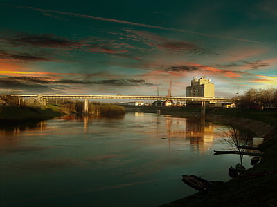 Street, panoramautsikt över, Sky, Bridge, floden, solnedgång, industriella