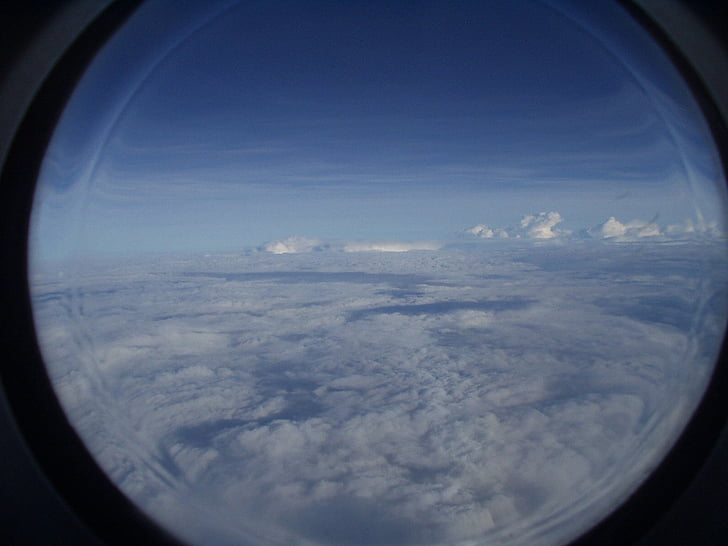 aircraft, clouds, sky, window, porthole, blue, view