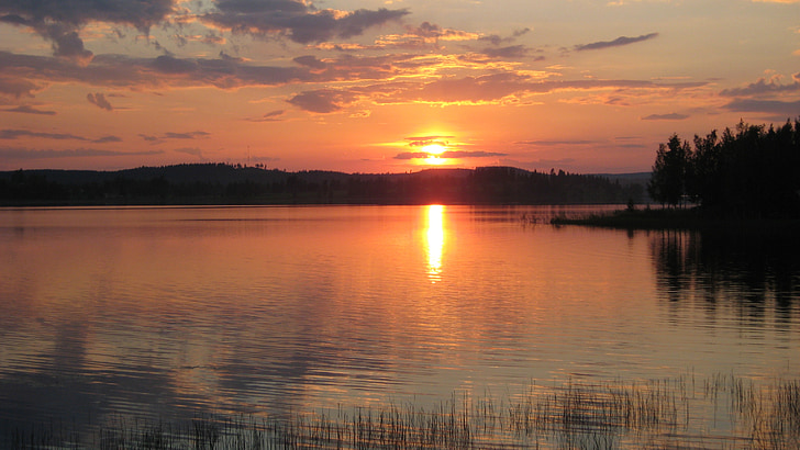 naplemente, Finnország, abendstimmung, tó, folyó, narancssárga ég