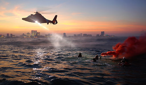 хеликоптер, брегова охрана, обучение спасяване, упражнение, море, вода, плувци