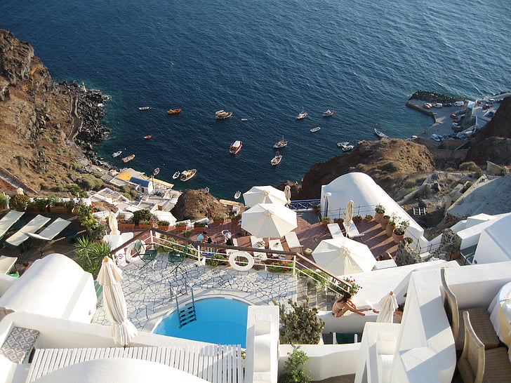 Görögország, Santorini, utazás, víz, tenger, magas, szög, kilátás, nap