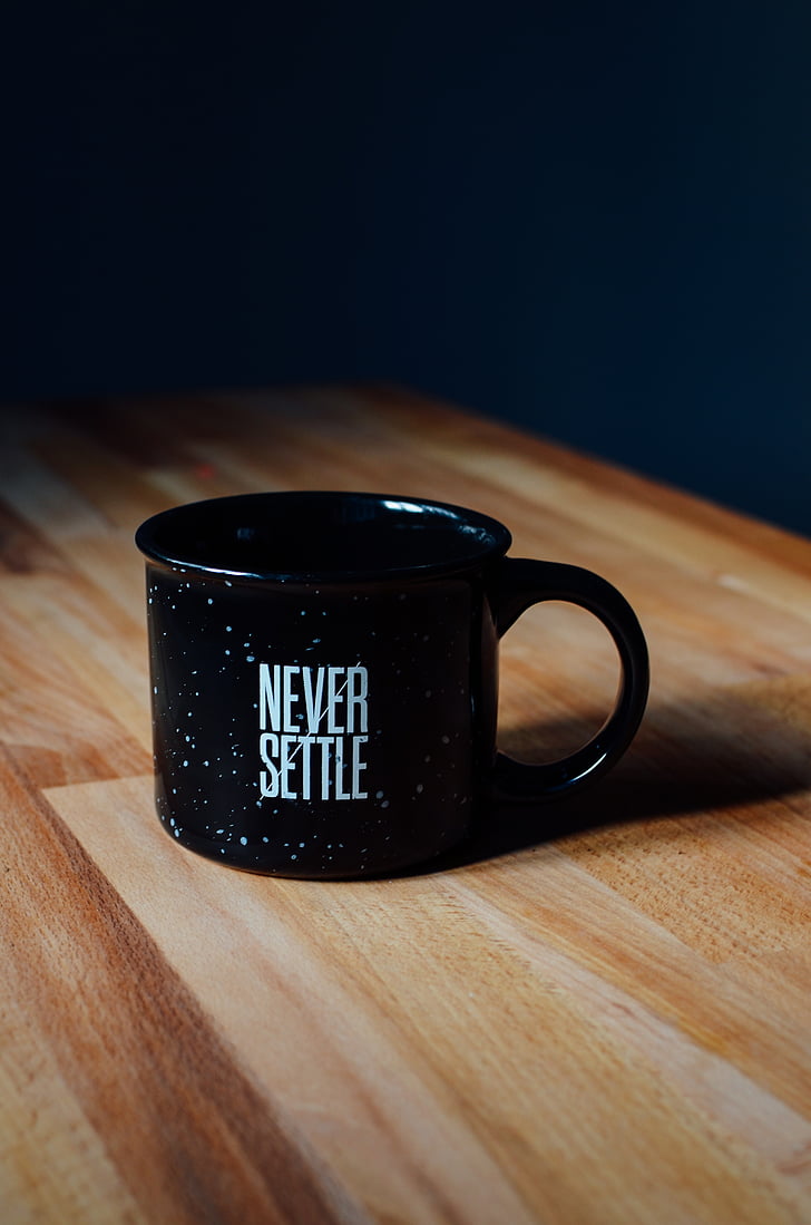 quote, statement, cup, mug, black, table, wood