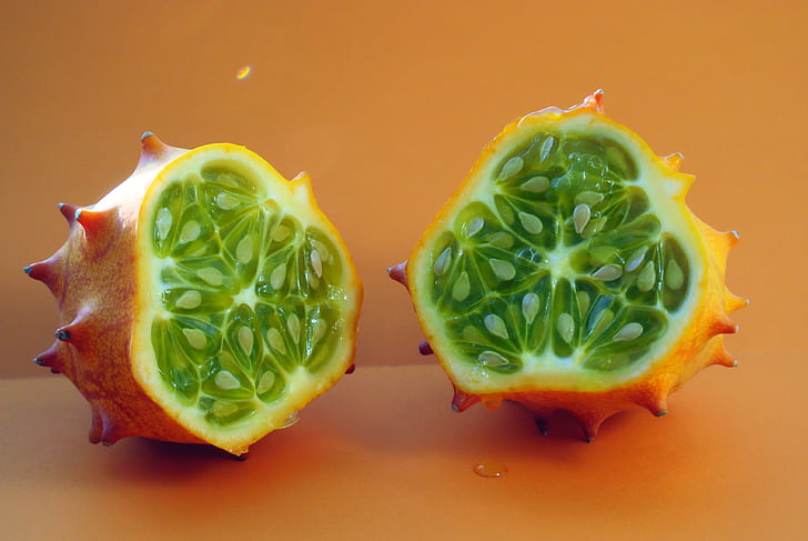 gehörnte Melone, Afrikanische Gurke, Gelee-Melone, Obst, Orange, Grün, Samen
