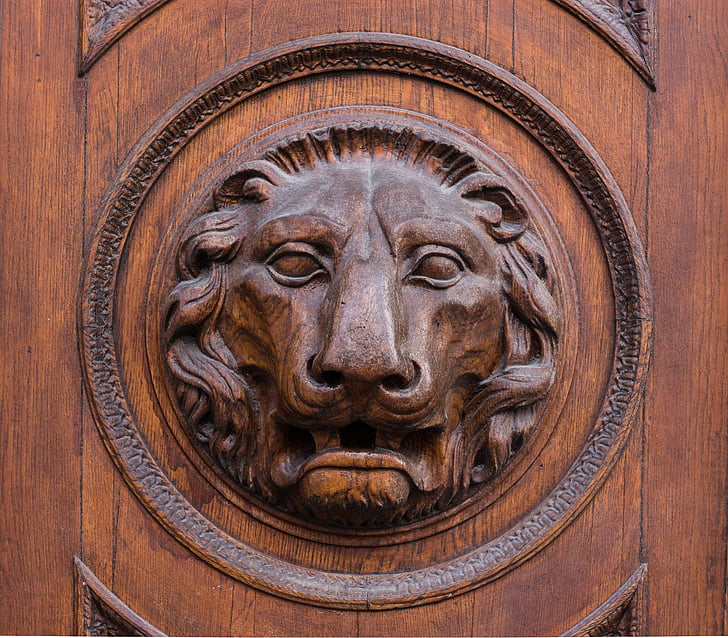 lion, head, wood, door, goal, figure, lion head