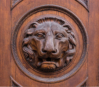León, cabeza, madera, puerta, objetivo, Figura, cabeza de León