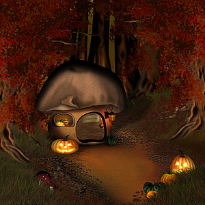 Halloween, bosc, casa de bolet, lodge de bosc, crepuscle, casa, casa de la selva