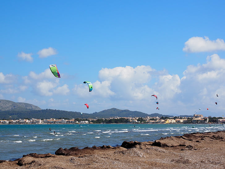 kitesurfer, Šport, more, vietor, vody, záliv pollensa, Mallorca