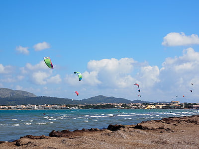 kitesurfer, sport, tenger, szél, víz, a pollensa-öböl, Mallorca