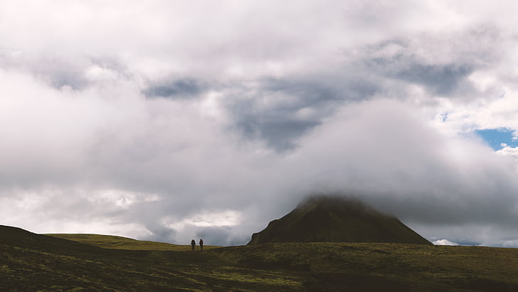 mountain, range, white, clouds, cloud, people, walkers