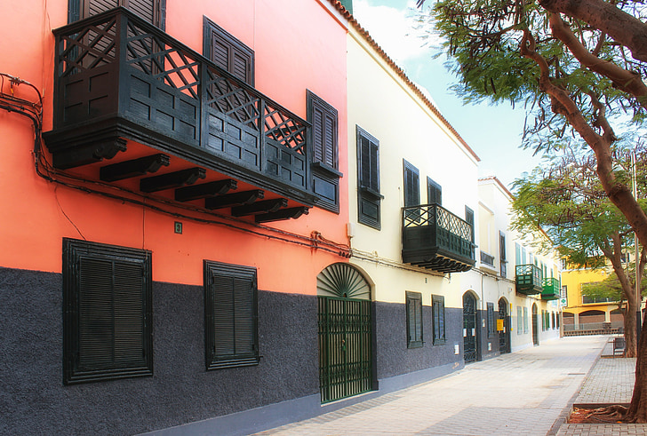 Canarische eilanden, stad, stedelijke, gebouwen, het platform, kleurrijke, balkon