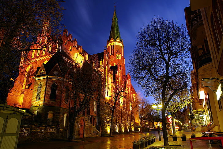 kerk, nacht, verlicht, de gotische, Sopot, Straat, winkels