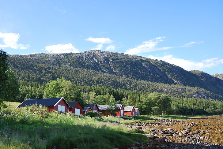 bindalseidet, Noruega, cases, Escandinàvia, tradicional, cabanes, turó