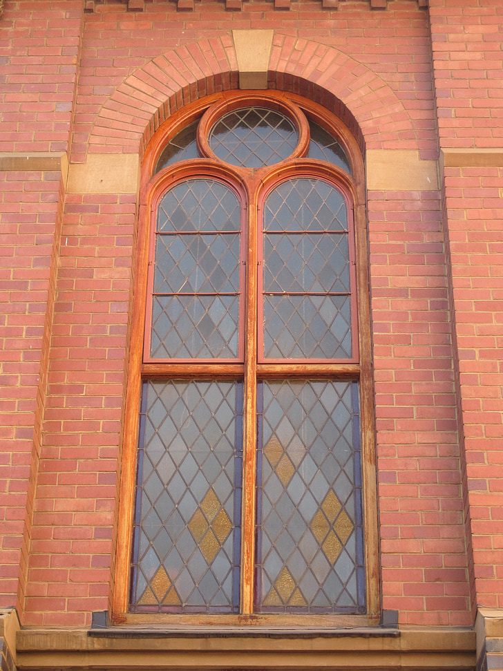 arquitectura, edifici, històric, finestra decoratiu, l'església, maó vermell, vidres