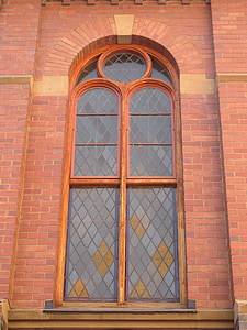 arkitektur, byggnad, historiska, dekorativa fönster, kyrkan, rött tegel, glasrutor