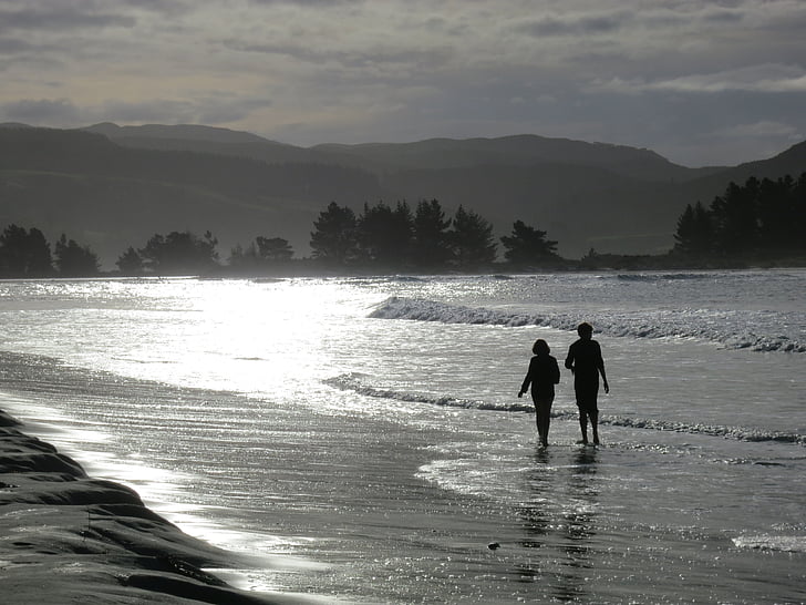 couple, walk, reflection, beach, silhouette, shore, evening