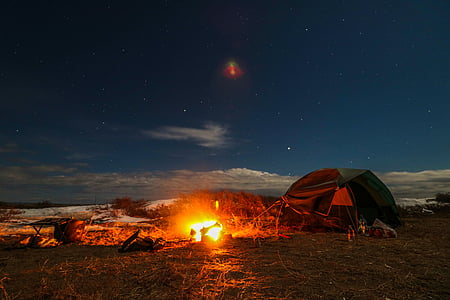 live in nature, starry sky, bonfire, tent, vacation, heat - temperature, burning