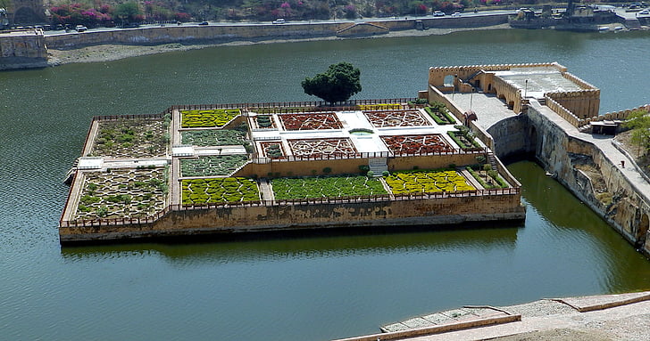 Amber Fort, India, jardín, Lago, Isla, agua, naturaleza