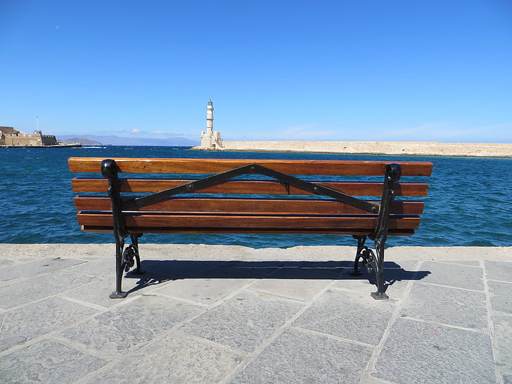 bench, sea, crete, promenade