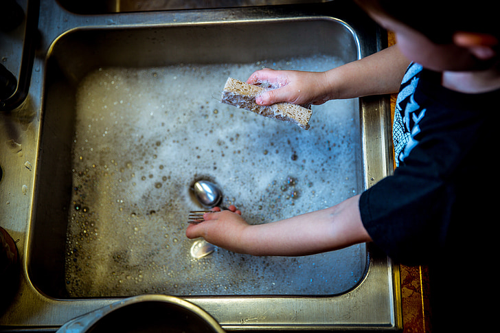 washing dishes, soap, sink, bubbles, child, housework, kitchen