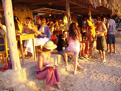 Playa, puesta de sol, Ibiza, vacaciones, personas, adulto, sentado