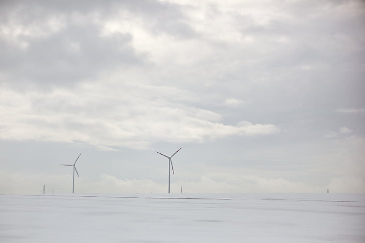 windmill, snow, white, clouds, sky, alternative energy, wind turbine