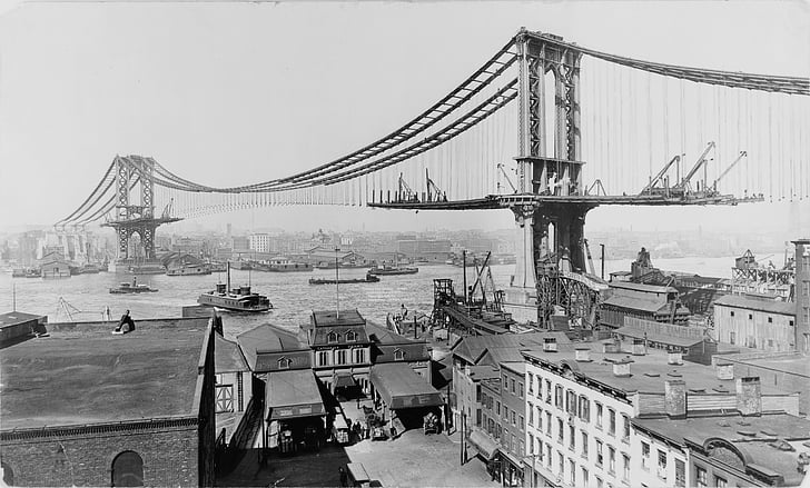 függőhíd, Manhattan-híd, építési, New York-i, NY, NYC, New york city