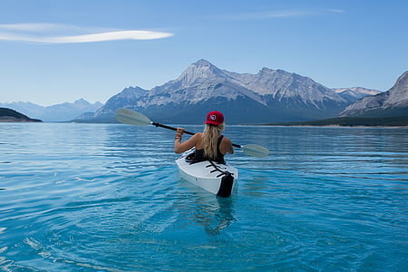 người phụ nữ, trắng, đi canoe, chèo, nước, màu xanh, bầu trời