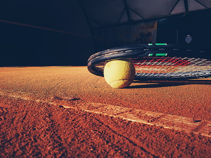 tennis, bollen, racket, brun, jord, domstolen, lera