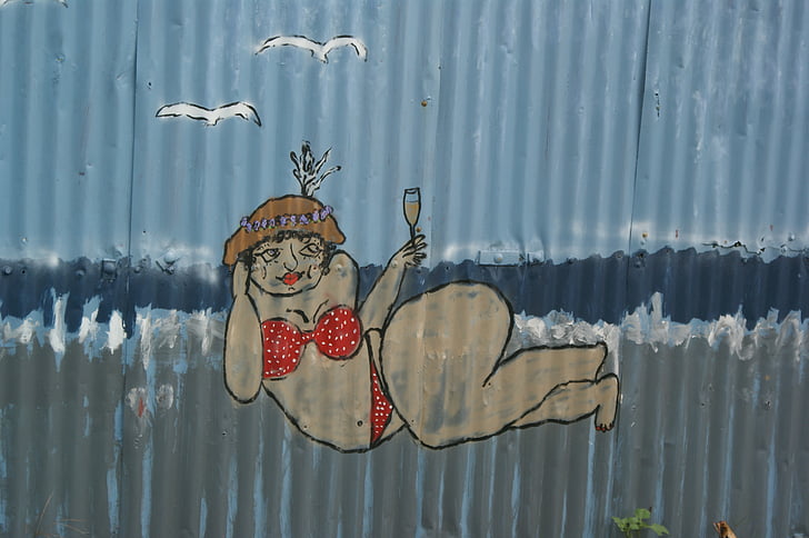 clôture, ondulée, peinture, plage, femme, vin, consommation d’alcool