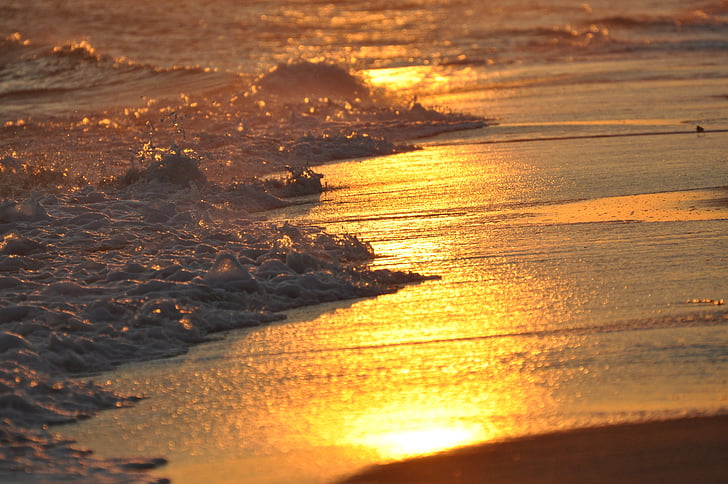 Plaża, zachód słońca, Ocean, fale, Natura, morze, piękno natury