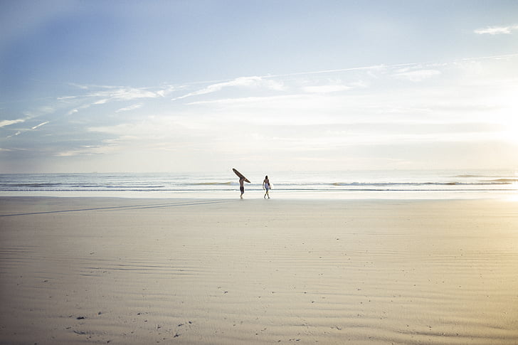 surfers, walking, along, beach, daytime, people, sand