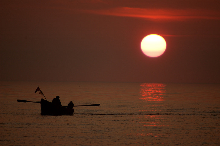 o pescador, Crepúsculo, mar, oeste, água, barco