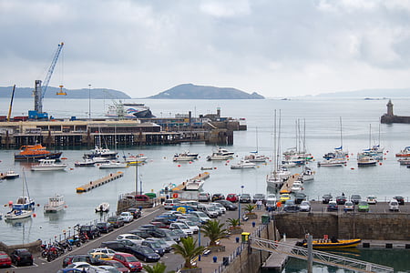 přístav, Marina, přístav, trajekt, záchranný člun, automobily, parkování