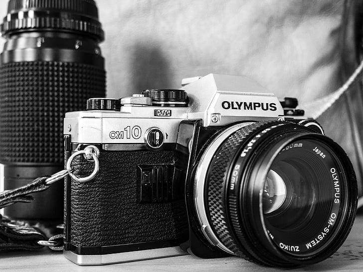 czarno-białe, kamery, film, obiektyw, stary, Olympus, fotografii