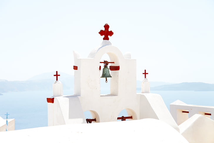 Kreeka, kirik, kellatorn, kellad, Küklaadide, Santorini, rist