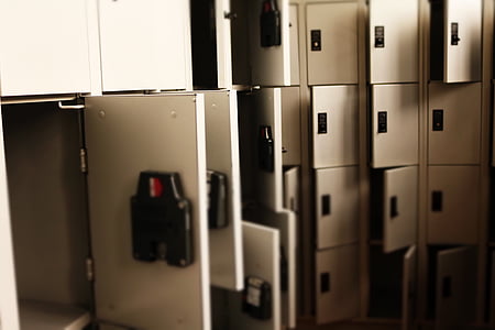 cabinet, close-up, indoors, lockers, open, safe, safety