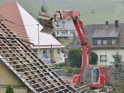 rumah, pembongkaran, atap, bekerja, excavator, situs