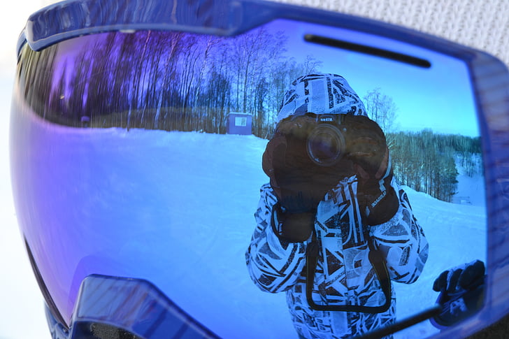 hiver, snowboarder, réflexion