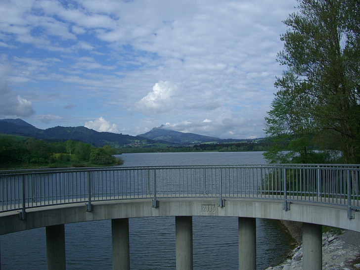 gruentensee, dam, observation deck, concrete pillar, columnar, mountain panorama, greened