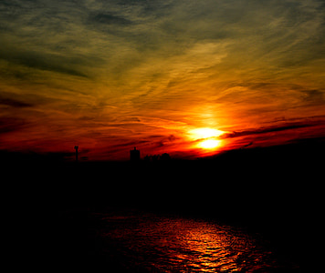puesta de sol, sol, cielo, nube, agua, rojo, Lago