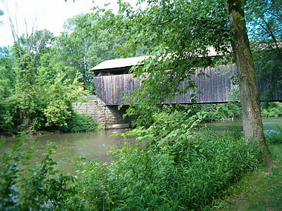brug, houten, historische, historische, rustiek, rivier, platteland