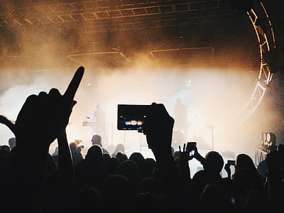 adult, audience, backlit, band, concert, crowd, dancing