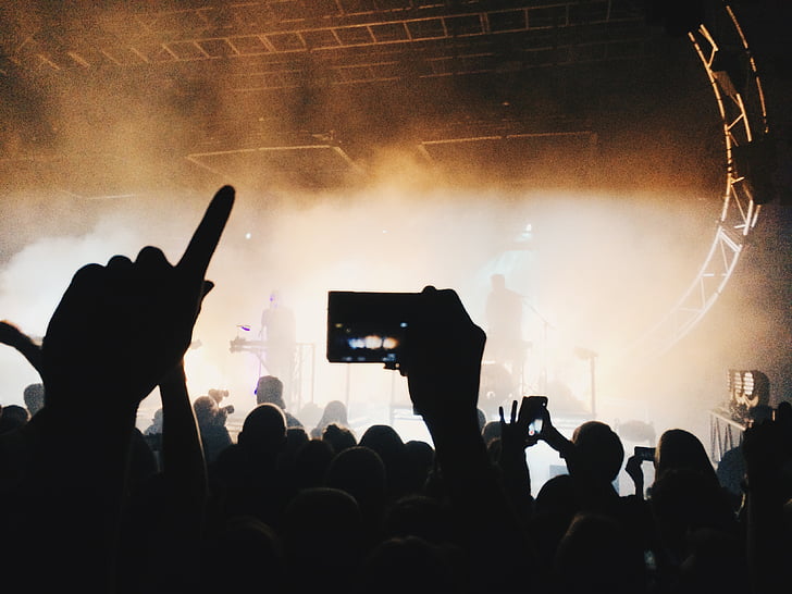 silhouette, people, fans, performer, camera, mobile, phone